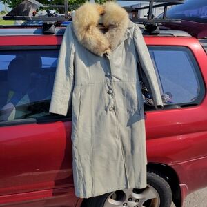 Vintage Ladies Lamb Skin Fox Fur Collar Over Coat Gray Leather Trench Coat women